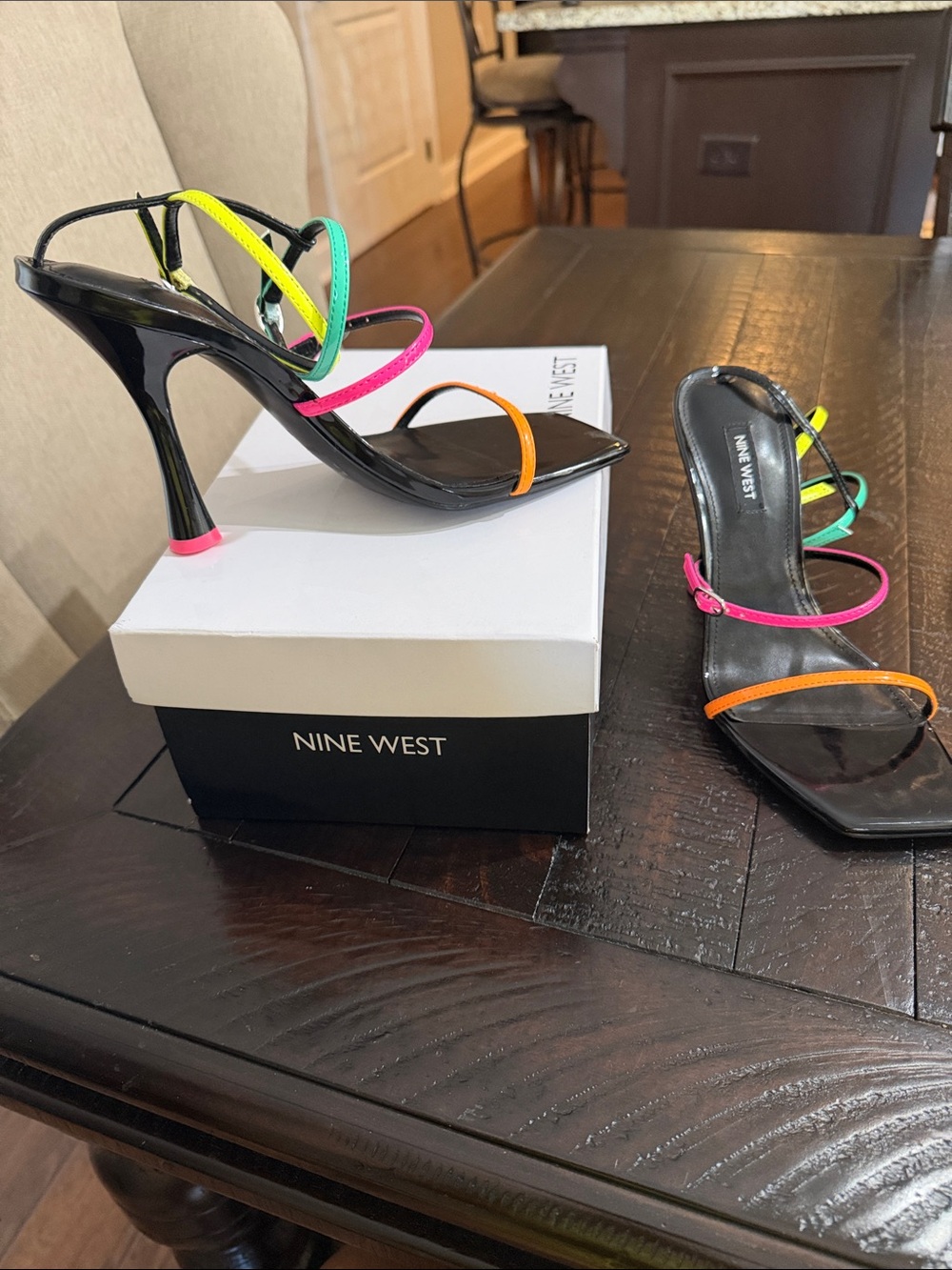 Nine West Black Patent Heels with Neon Pink, Orange, Yellow and Green Straps